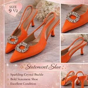 Orange Crystal Buckle Slingback Heels